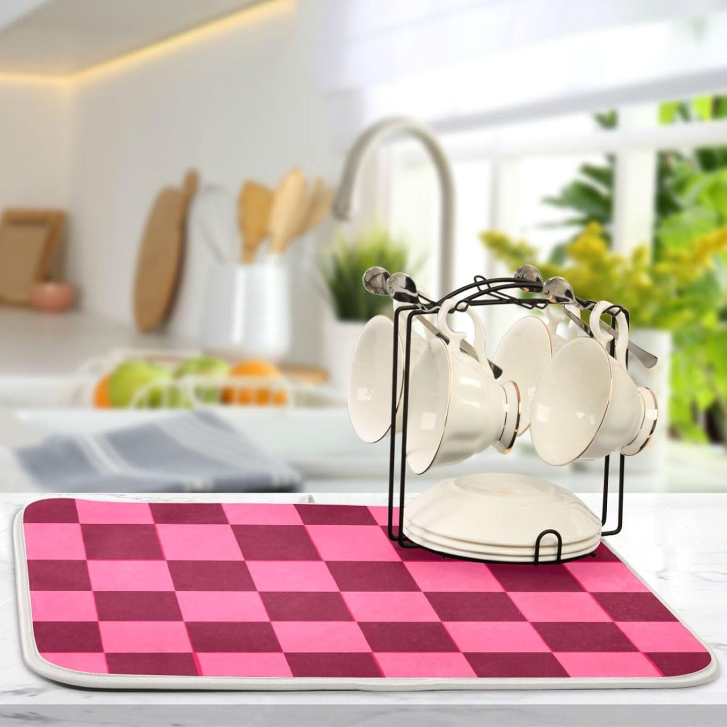 Checkered Hot Pink Dish Drying Mat for Kitchen Counter Kitchen Drying Mat Dish Rack Mat Dish Drainer Pad Microfiber Absorbent Washable Drying Pad for Countertop 16 x 18