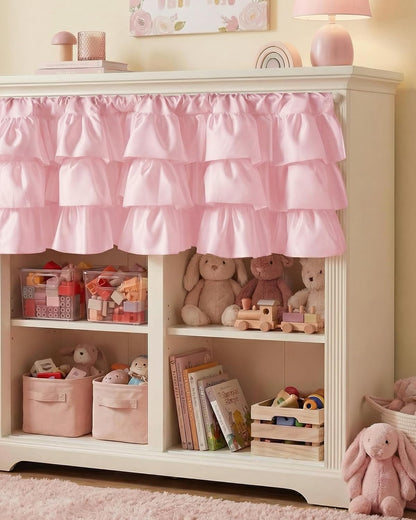 NICETOWN Pink Valance Farmhouse Window Curtains 18 Inches Long for Kitchen & Bathroom, Pink Satin Texture Ruffled Three-Tiered Valance for Bedroom, Luxury Light Filtering, 52 W