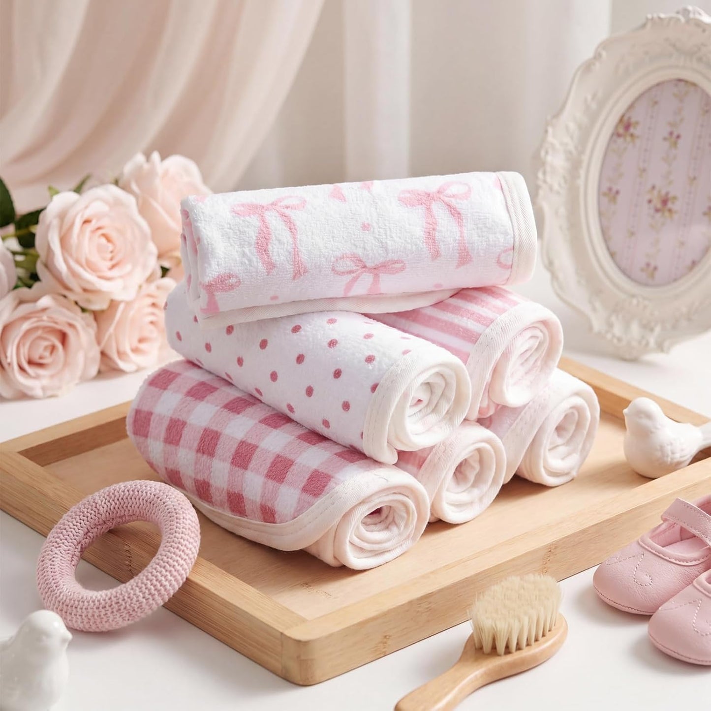 Batiyeer 6 Pack Pink Bow Baby Washcloths for Newborn 10 x 10'' Soft Wash Cloths for Baby Girls, Absorbent Infant Face Cloths or Towels, Burp Cloth, Reusable Babies Wipes for Toddler Kids, 6 Styles