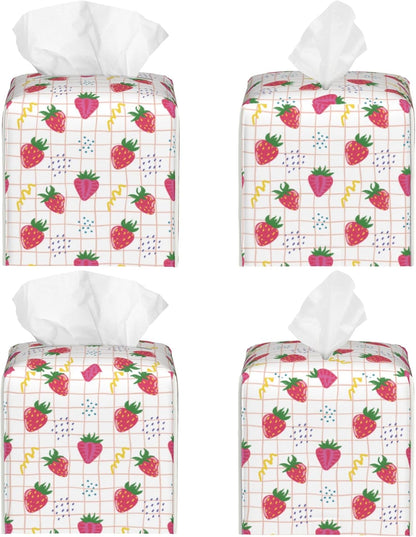 Cute Pink Strawberries Tissue Box Cover Square,Cartoon Strawberry Fruits Tissue Box Holder Waterproof Leather Facial Paper Organizer Dispenser for Bathroom Home Car Nightstand Vanity Desk