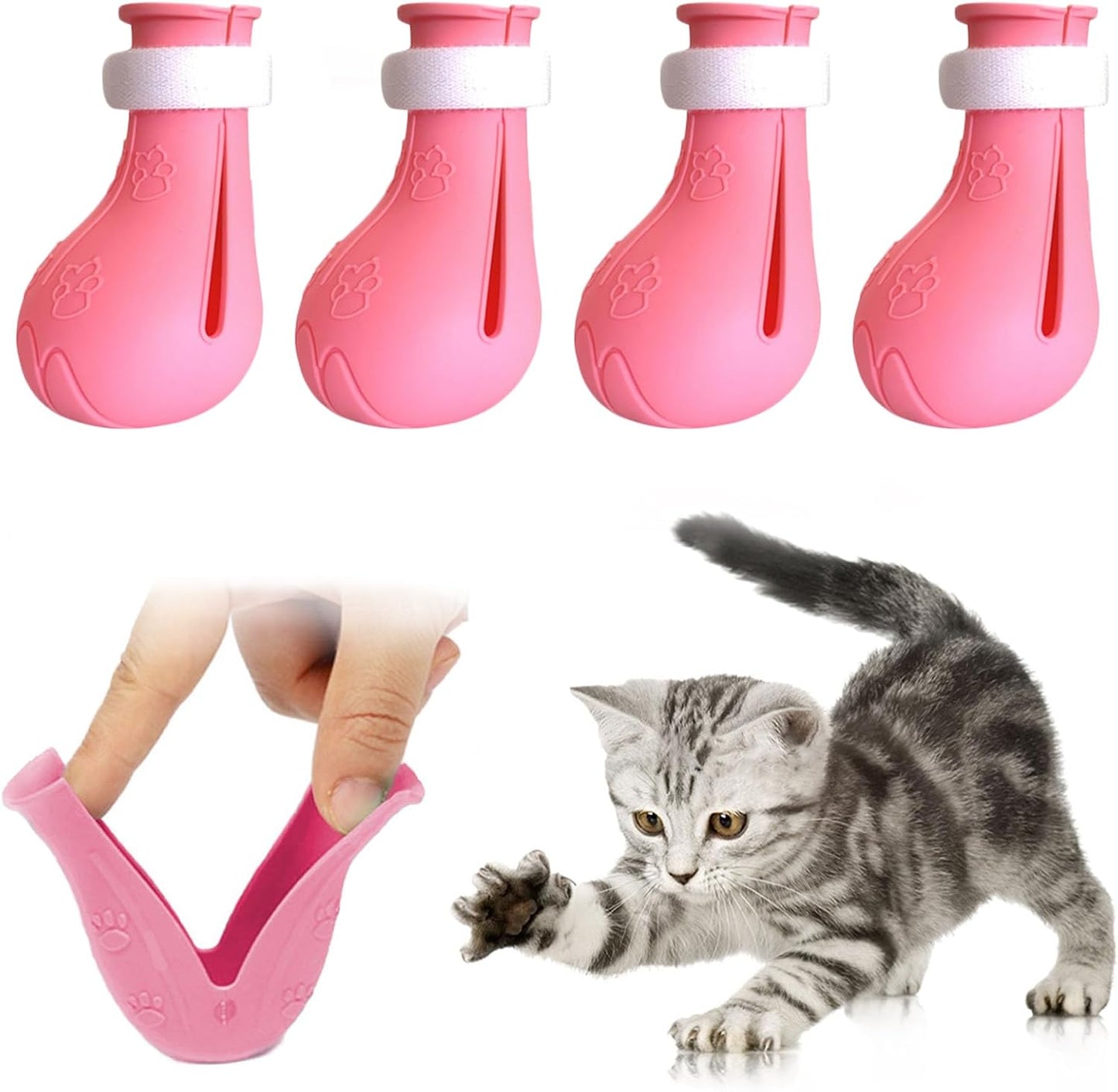 Anti-Scratch Cat Shoes 4 Pack, Pet Supplies Scratch Deterrent Booties, Grooming Accessories Silicone Nail Gloves, Adjustable Claw Cover for Bathing Shaving Checking Treatment (Pink)