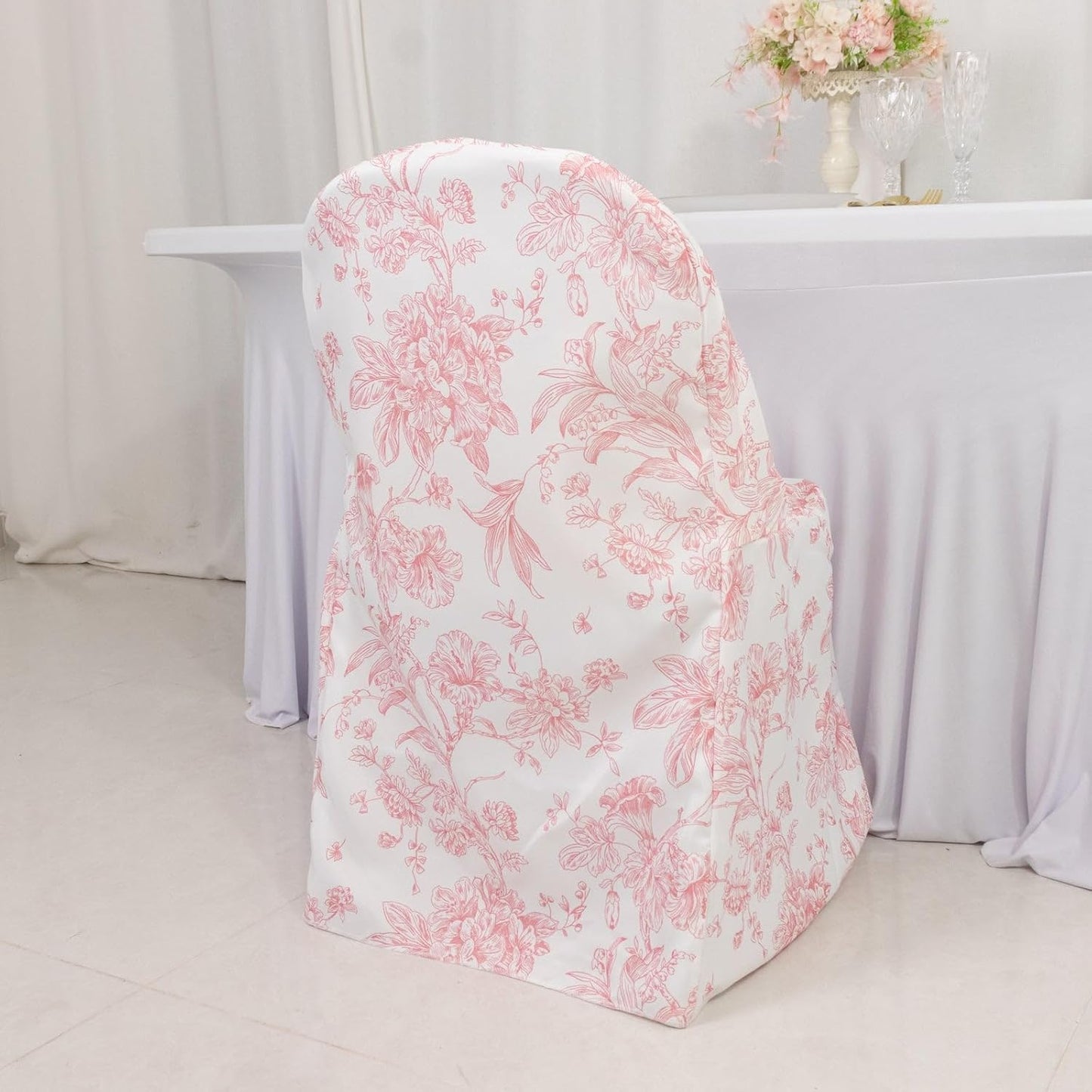 Efavormart 10 Pack Polyester Folding Chair Covers – White Pink French Toile Pattern, Reusable Stain-Resistant Slip-On Slipcovers