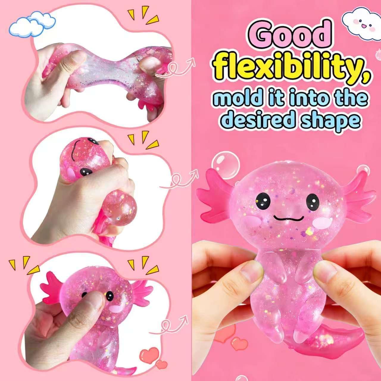 Axolotls Squishies Fidget Stress Ball,Cute Squishies Axolotls Toy,Easter Basket Stuffers, Stress Ball Squeeze Toys for Stress Relief (Pink)