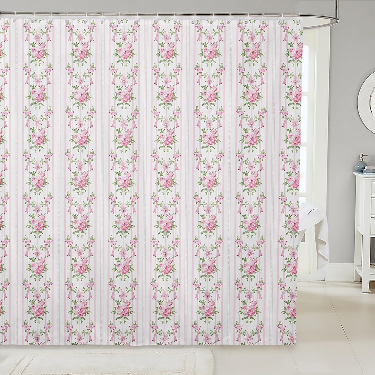 Manfei Floral Bow Shower Curtains Pink Flower Bowknot Bathroom Curtains for Kids Girls Princess Room Decor, Pink Stripes Waterproof Bath Curtains with 12 Hooks Suits for Bathtub, 72" W x 72" L