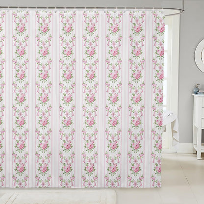 Manfei Floral Bow Shower Curtains Pink Flower Bowknot Bathroom Curtains for Kids Girls Princess Room Decor, Pink Stripes Waterproof Bath Curtains with 12 Hooks Suits for Bathtub, 72" W x 72" L