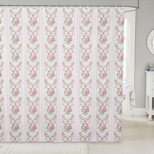 Manfei Floral Bow Shower Curtains Pink Flower Bowknot Bathroom Curtains for Kids Girls Princess Room Decor, Pink Stripes Waterproof Bath Curtains with 12 Hooks Suits for Bathtub, 72" W x 72" L