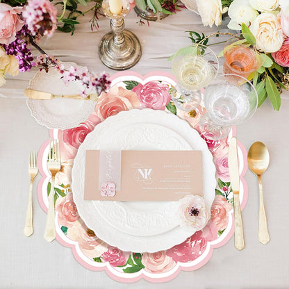 50 Pcs Pink Floral Paper Placemats Disposable,13.4 Inch Watercolor Roses Floral Round Place Mats Spring Summer Table Mats for Birthday Wedding Banquet Bridal Shower Party Supplies