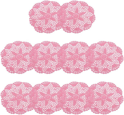 Handmade Lace Crochet Round Placemats and Cup Coasters Set, 20 cm Blended Fabric, Elegant Table Decor for Christmas, Tea Parties, Brunches and Festive Gatherings, 10 Pieces(Pink)