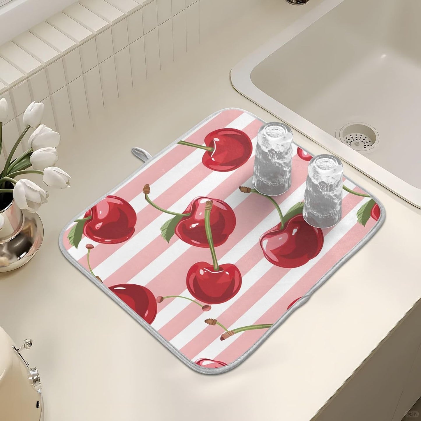 Pink Striped with Cherries Dish Drying Mat Dishes Pad Absorbent Fast Dry Dish Drainer Mat Protector for Kitchen Counter 18x14 Inches