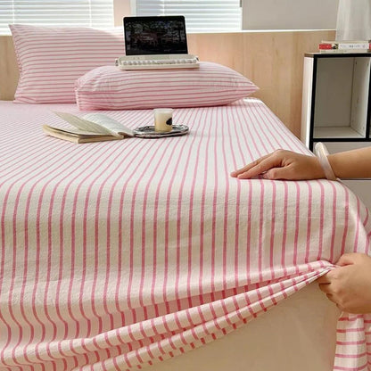 Pink Striped Sheets Queen Size Chic Bedding Set with Flat Sheet and Pillowcases 100% Washed Cotton Soft & Breathable 3-Piece Comfy Bed Sheets