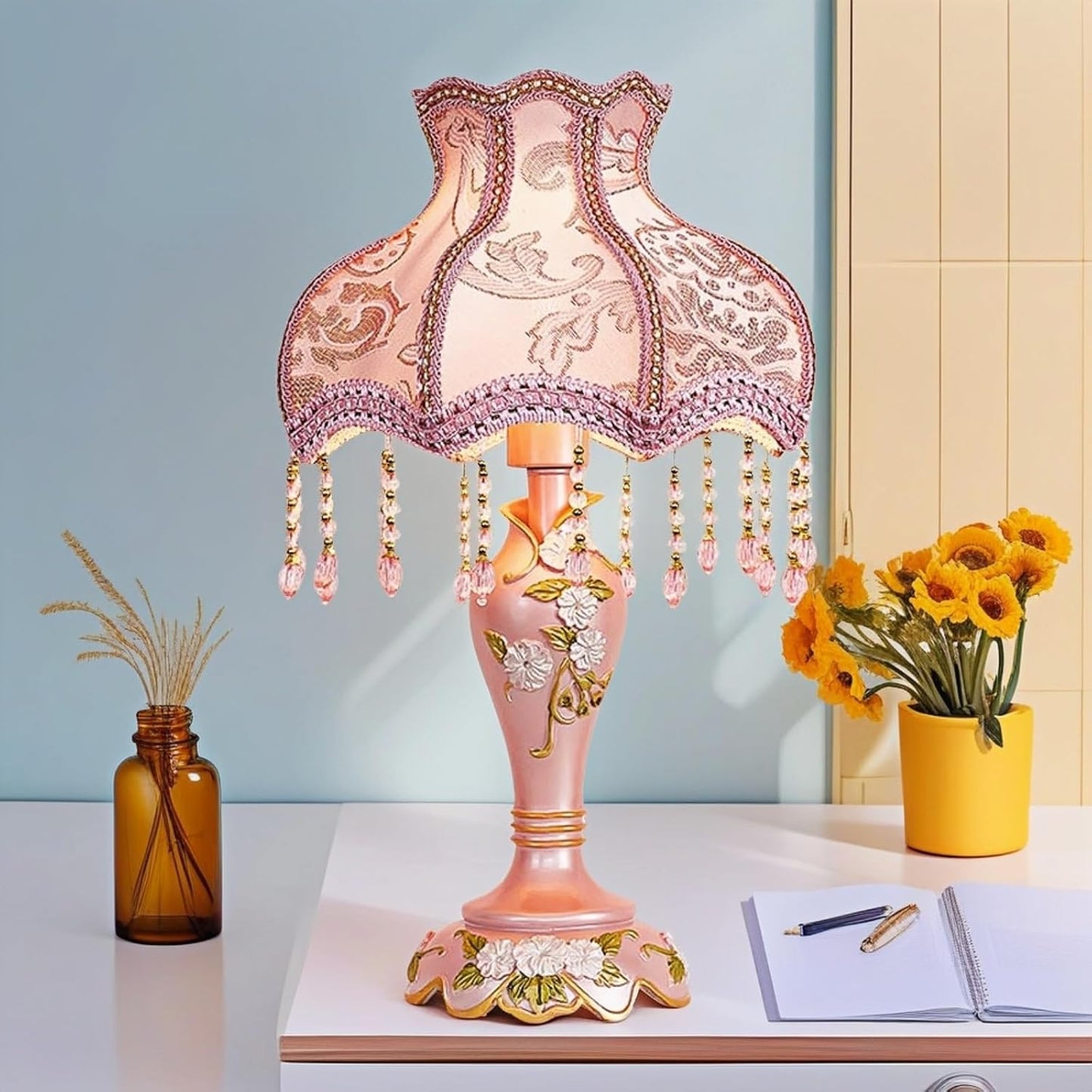 Vintage Pink Table Lamp Victorian Style with Smart Home Compatibility, Princess Bedside Lamp with Fabric Shade, Antique Flower Night Light for Bedroom Nightstand, E26/E27 Base, 19.7inch