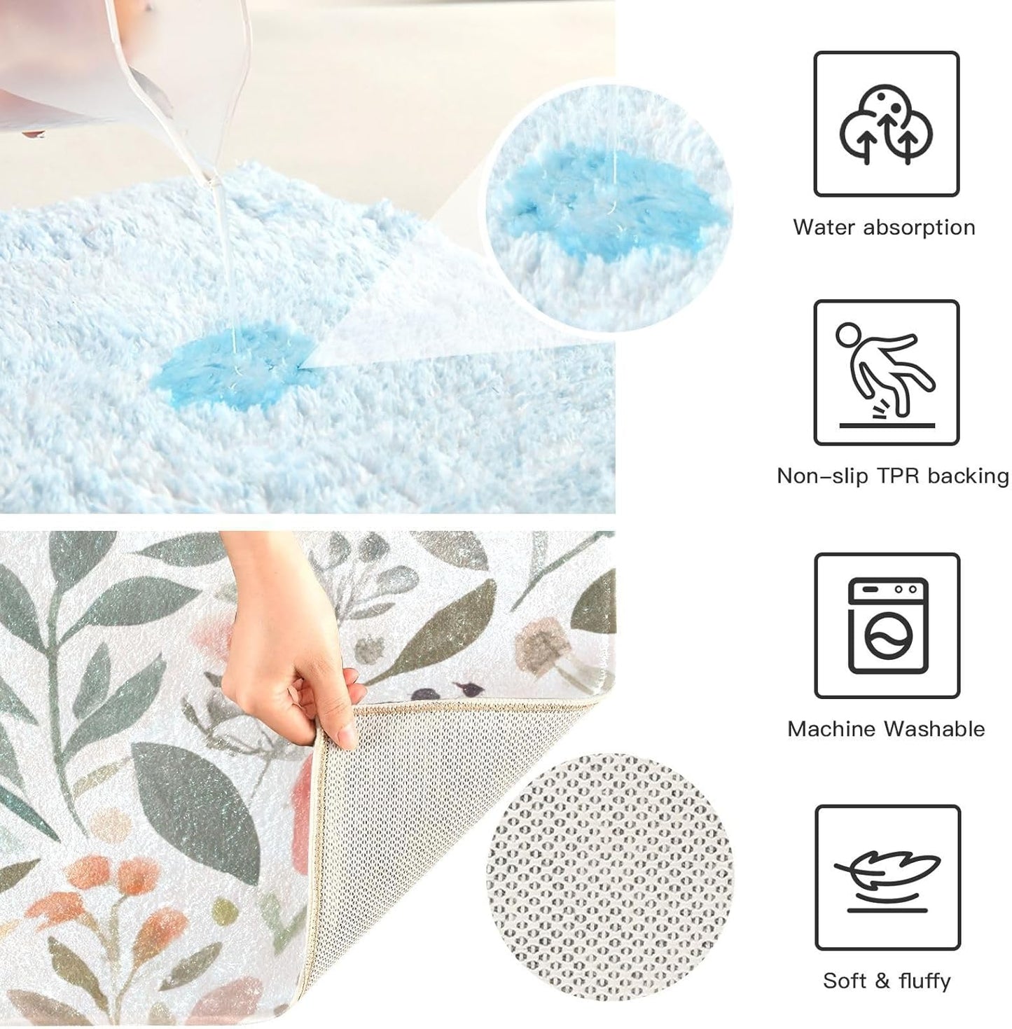 Pink Flowers Bathroom Mat Rug 24" x 16" Non Slip Super Absorbent Quick Dry Bath Mats for Bathtub Fluffy Rugs