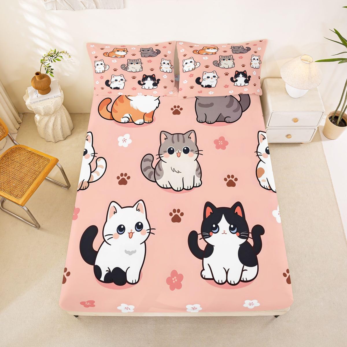 Homewish Cute Cat Fitted Sheet Kawaii Animals Paw Bed Cover,1 Fitted Sheet+2 Pillowcases(No Flat Sheet) Japanese Style Bed Cover Room Decor Queen Peach Pink