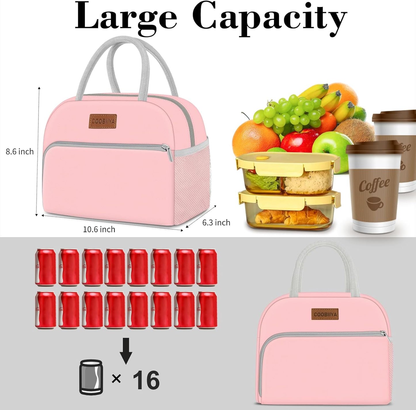 Coobiiya Lunch Bag for Women Men, Insulated Reusable Picnic Bag, 10.8"L x 6.3"W x 8.85"H, Pink