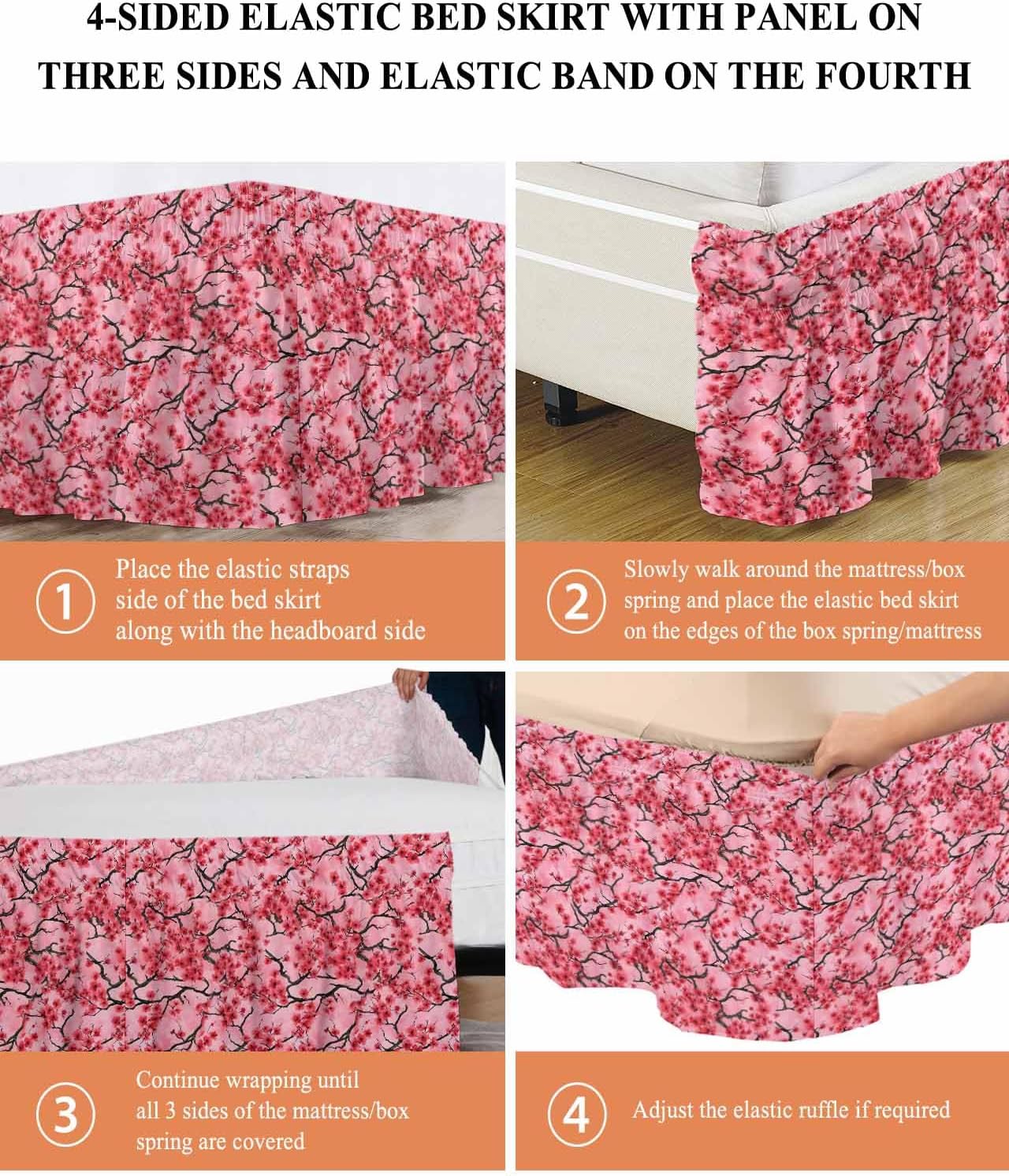 Chinese Flowers Bed Skirt Queen Size 16 Inch Drop, Wrap Around Bed Skirts, Spring Pink Peach Blossoms Floral Elastic Bedskirt Pleated Bed Frame Cover Luxurious Dust Ruffle for Queen Bed