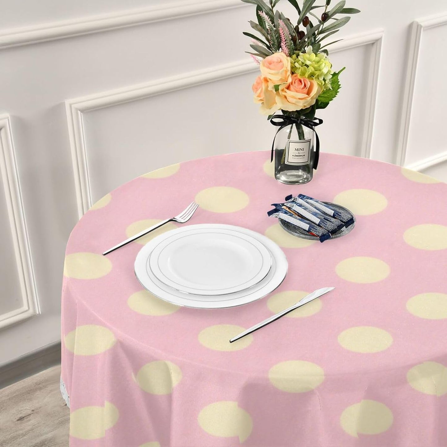 Peach Polka Dot Pattern Round Modern Tablecloth 60 Inch Machine Washable Polyester Lace Trimmed, Circular placemats for Picnic Home DecorSize 60in