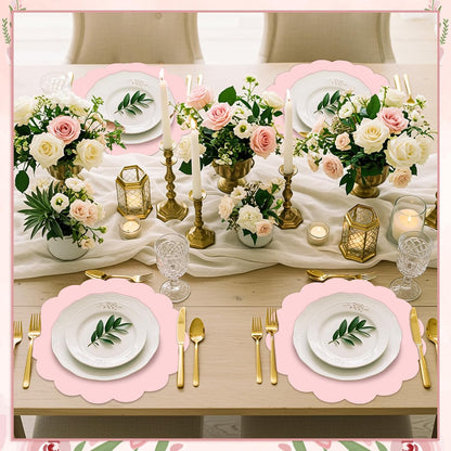 120 Pcs Light Pink Paper Placemats, 13.5 Inch Disposable Scalloped Placemat Round Table Place Mats Decorative Paper for Girls Birthday Wedding Bridal Shower Baby Shower Banquet Tea Party