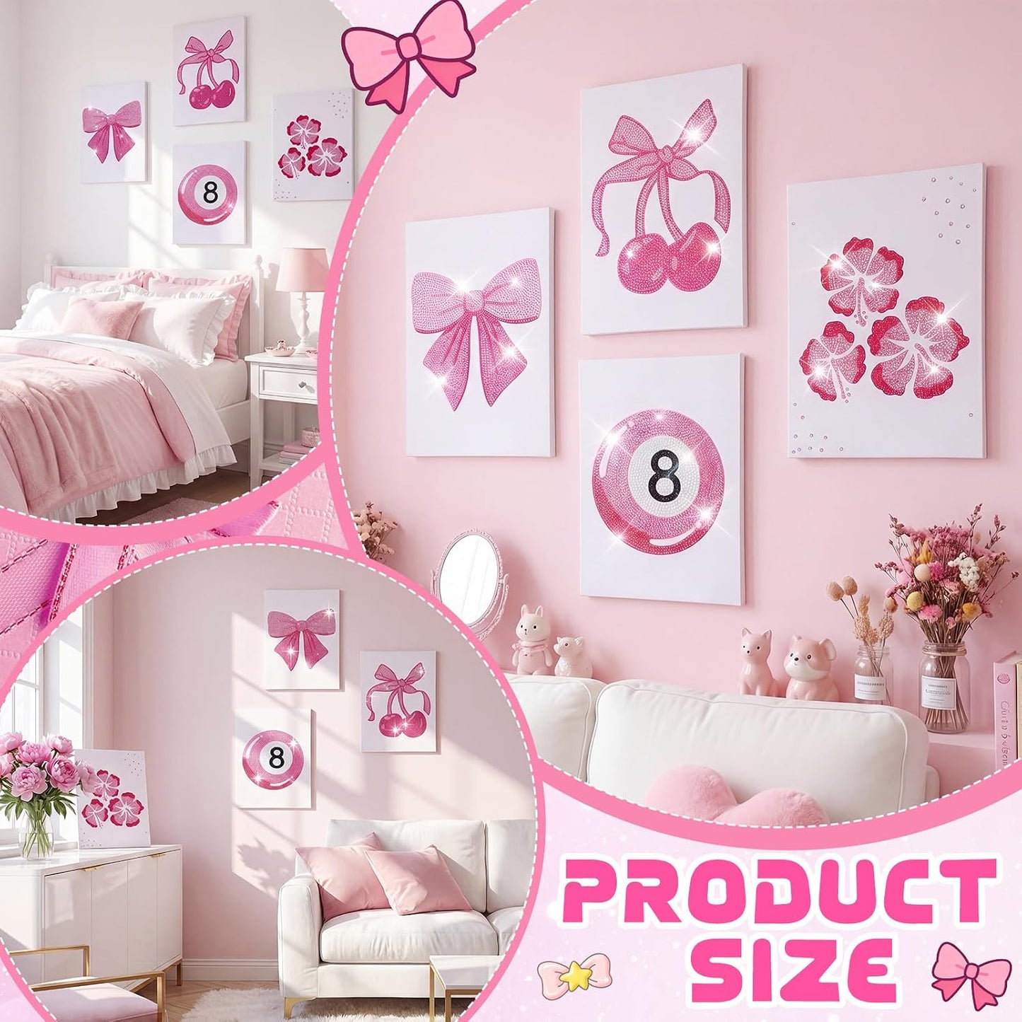 Eaasty 4 Sets Preppy Diamond Art Kits, Girls Night Game, Lucky Cherry Canvas Diamond Art Kit Coquette Preppy Wall Decor Trendy Coquette Pink Bow DIY Gem Painting Bachelorette Party Games
