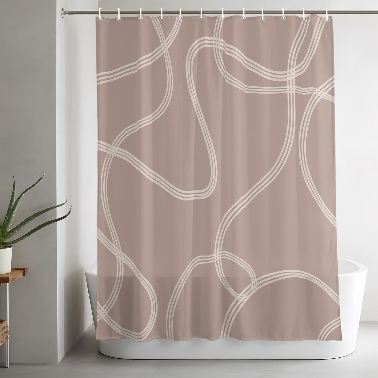 Minimalist Wavy Lines Shower Curtain for Bathroom Abstract Modern Artistic Pink Cream Fabric Shower Curtain Liner Waterproof Cloth Bath Curtains Set 12 Hooks 48 * 72IN