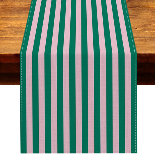 Light Pink and Green Cabana Stripe Table Runner Summer Pool Kids Birthday Baby Shower Wedding Party Decoration Home Kitchen Dining Room Table Decor (Green, 13" x 72")