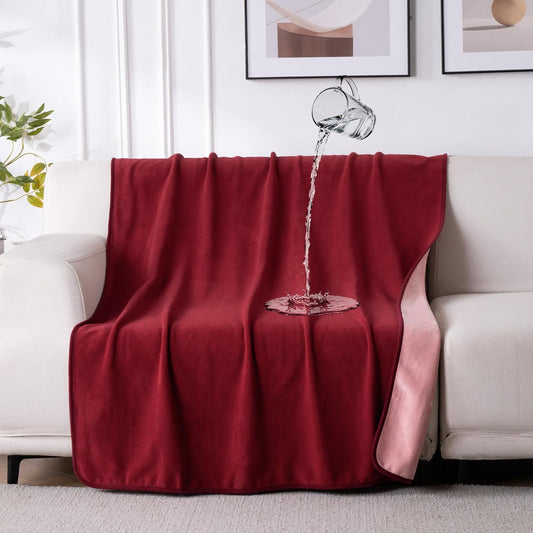 QiyI Waterproof Blanket for Bed Couch Sofa, Small Washable Reversible & Reusable Pet Dog Cat Throw Blanket, Leakproof Stain Resistant Sofa Cover, 40"x60", Burgundy/Pink