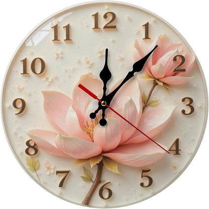 Pink Lotus Clock with Golden Numbers 2D 10 Inch Silent Wall Clock,Frameless Wooden Round Clock with Quartz Movement for Bathroom, Kitchen, Living Room, Bedroom