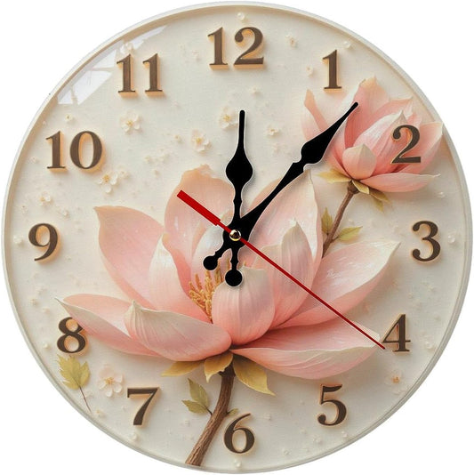 Pink Lotus Clock with Golden Numbers 2D 10 Inch Silent Wall Clock,Frameless Wooden Round Clock with Quartz Movement for Bathroom, Kitchen, Living Room, Bedroom