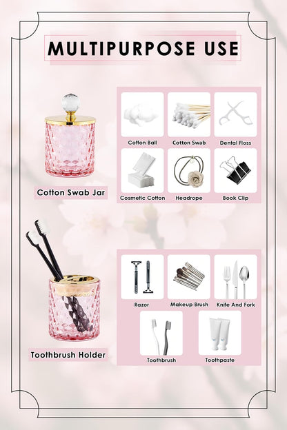 Pink Bathroom Accessories, 4Pcs Pink Bathroom Accessory Set Complete, Toothbrush Holder Set, Soap Dispenser, Qtip Holder, Tumbler, Perfect for Bathroom Decor and Vanity