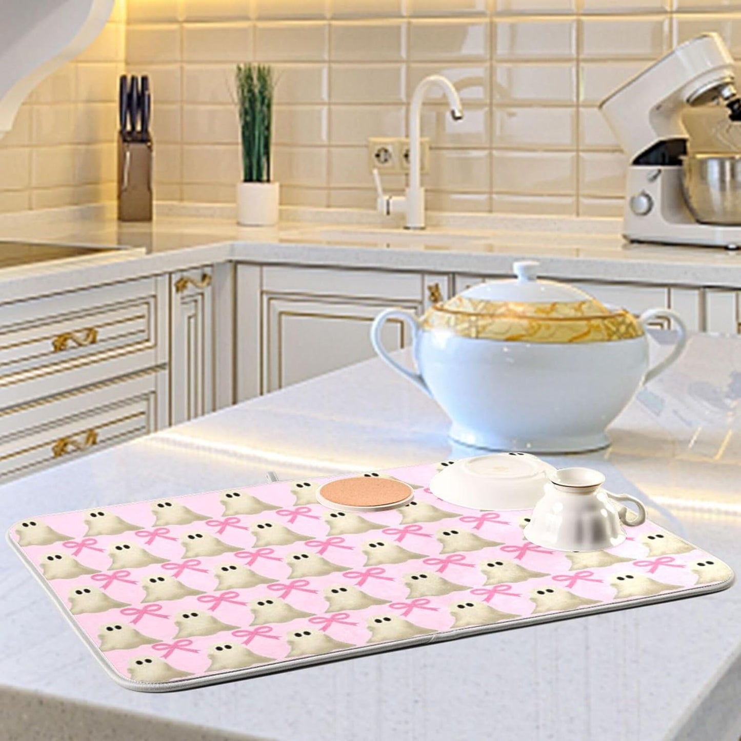 Halloween Ghost Bow Dish Drying Mat for Kitchen Countertop 16x18 Pink Bowknot Spooky Small Drying Mat Reusable Quick Dry Dish Sink Mats Easy Clean Decorative Essentials