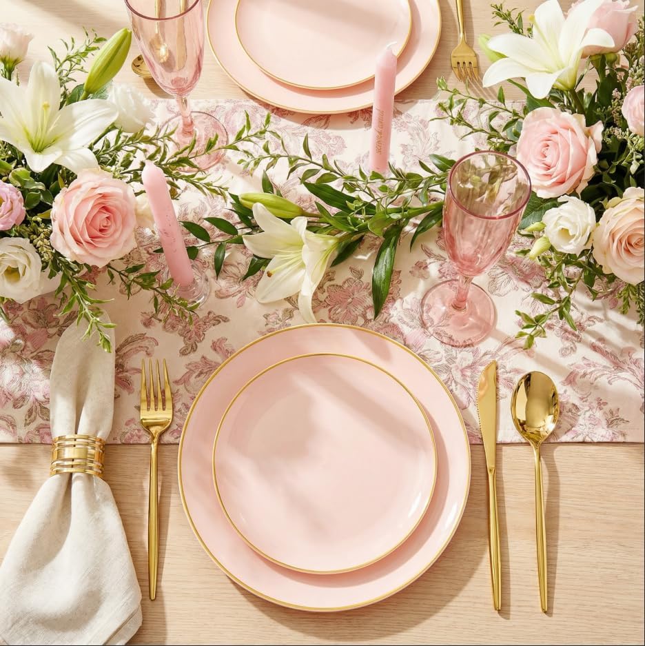 I00000 150 PCS Pink Plastic Plates for Party,Heavy Duty Pink Disposable Plates,Gold Dinnerware Set Include 30 Dinner Plates,30 Dessert Plates,30 Gold Plastic Silverware Set for Mother's Day