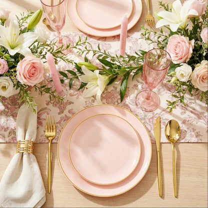 I00000 150 PCS Pink Plastic Plates for Party,Heavy Duty Pink Disposable Plates,Gold Dinnerware Set Include 30 Dinner Plates,30 Dessert Plates,30 Gold Plastic Silverware Set for Mother's Day