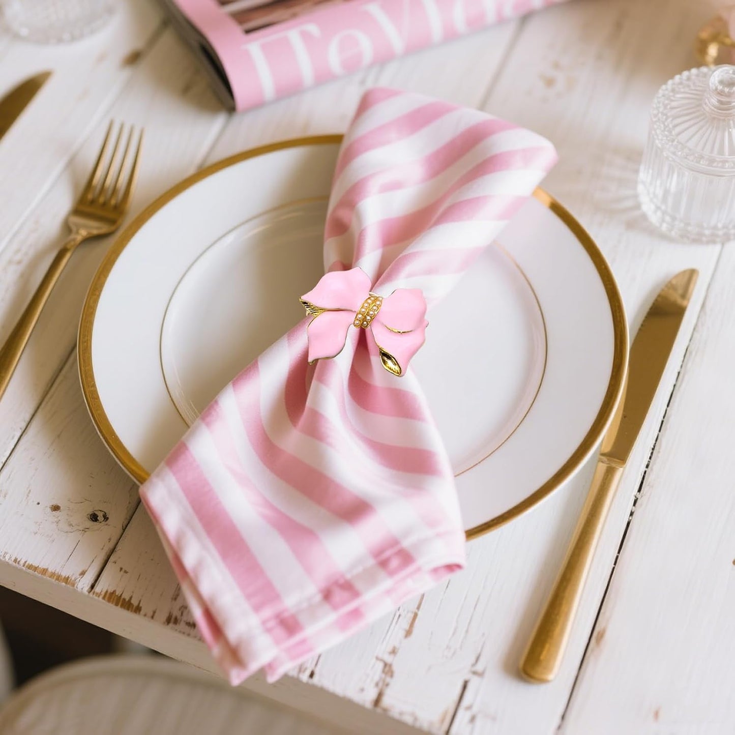Bow Napkin Rings Set of 6 Pink Enamel Bow Napkin Holders for Valentine's Day Wedding Brithday Dining Decor,Elegant Bowknot Napkin Buckles for Anniversary Bridal Shower Dinner Table Setting