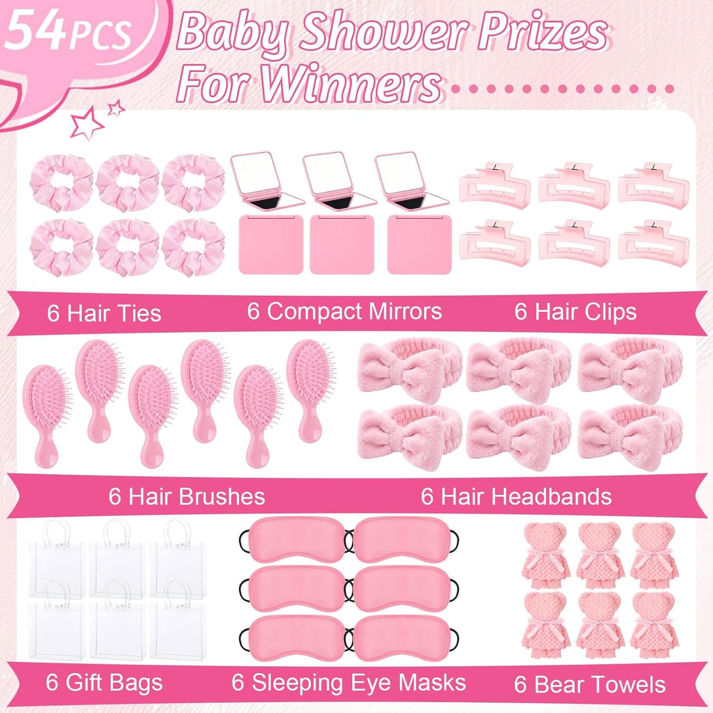 Suncalla 54 Pcs Spa Sleepover Party Supplies Include Bow Headband Eye Mask Bath Towel Scrunchies Hair Clip Comb Powder Puff Mirror Gift Bags for Women Girls Slumber Party Favors(Pink)