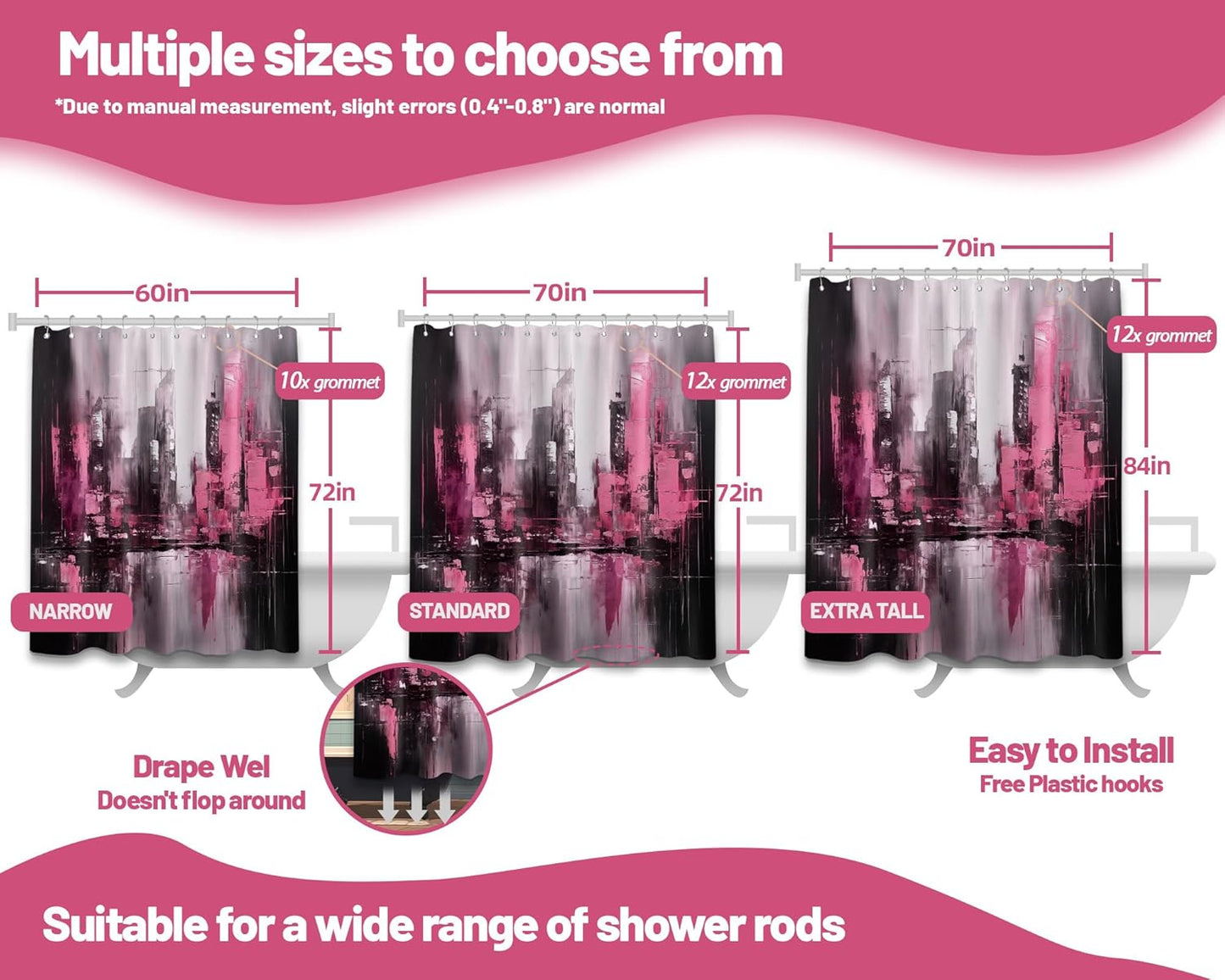 Black and Pink Shower Curtain Abstract Art Painting for Modern Bathroom Decor, Waterproof Fabric 70 x 72 inch with Hooks