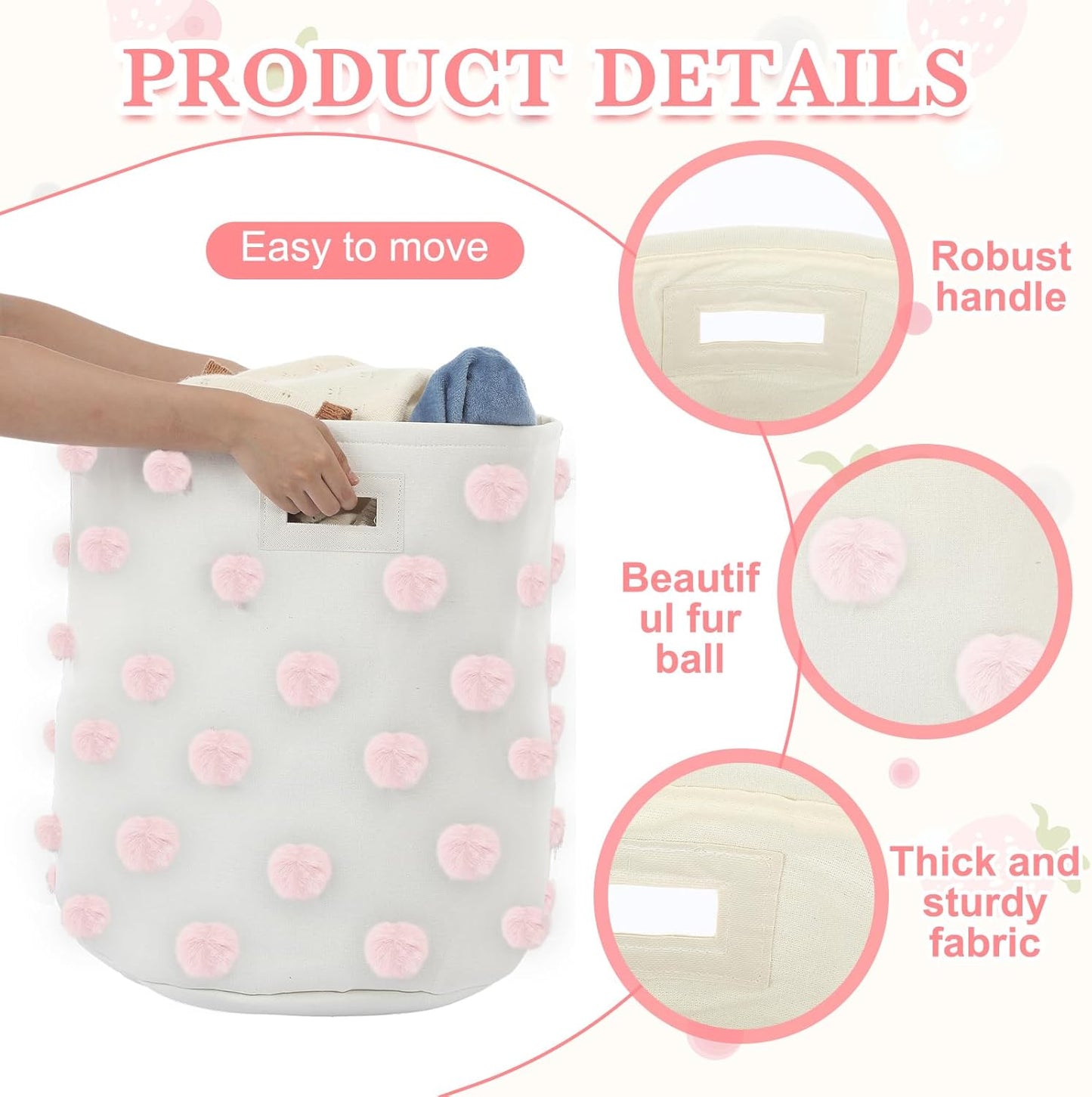 Pink 17.5" D x 20.8" H Pom Pom Basket Bin Large Cotton Canvas Laundry Hamper Baby Girl Laundry Basket Storage, Baby Nursery Hamper for Nursery Playroom Home Room Organizer Decor