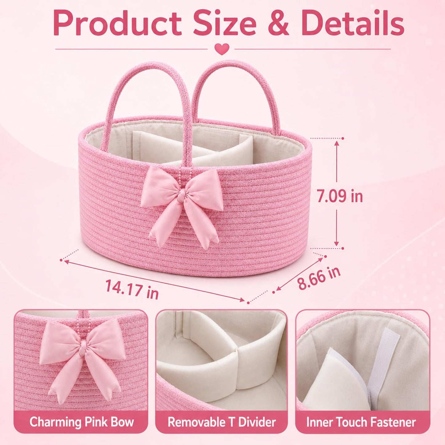 Hushee Pink Bow Baby Diaper Caddy Organizer Baby Gift Bag with Handle Nursery Diaper Basket Organizer for Newborn Boy and Girl Storage Bin for Diapers Wipes New Mom Gift