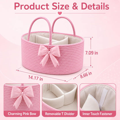Hushee Pink Bow Baby Diaper Caddy Organizer Baby Gift Bag with Handle Nursery Diaper Basket Organizer for Newborn Boy and Girl Storage Bin for Diapers Wipes New Mom Gift
