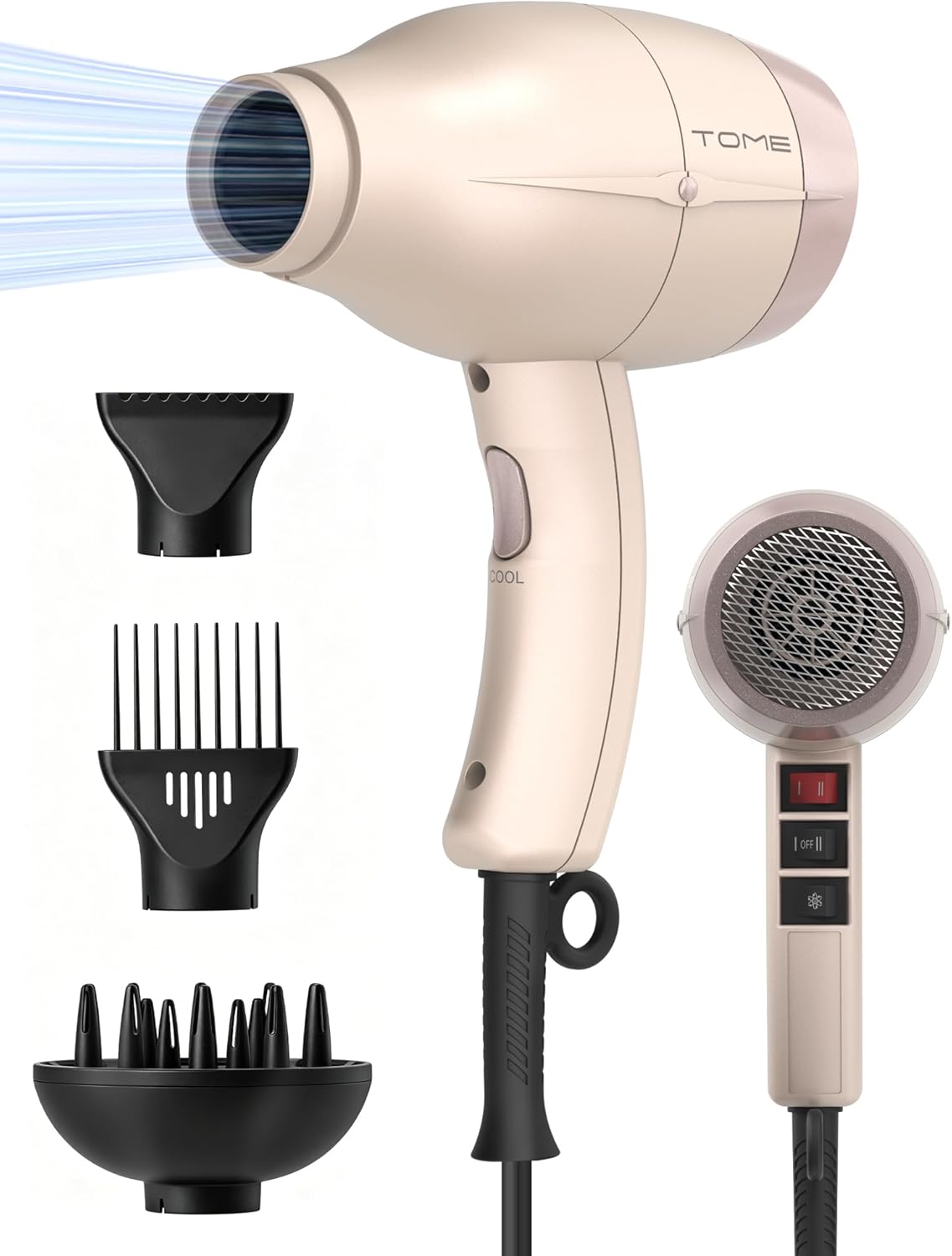 TOME Hair Dryer, Blow Dryer Ionic Cool Shot Curly Hair with Diffuser,1875W Fast Drying Blow Dryer with Ceramic Technology, 3 Attachments for All Hair Types, Light and Quiet, Pink