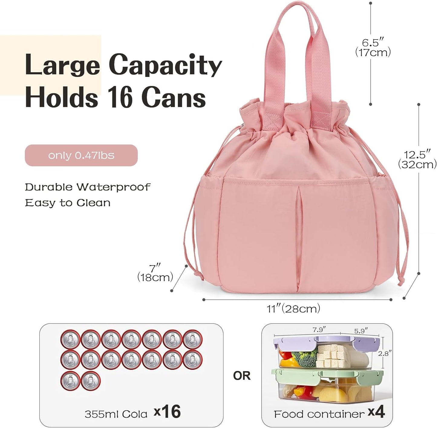 VS VOGSHOW Lunch Bag Women Cute Insulated Drawstring Lunch Bag 16 Cans Large Capacity Lunch Box for Work, Picnic, Outdoor (Pink)