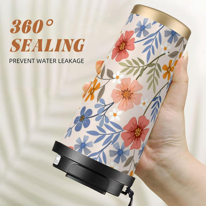 Peach And Blue Floral Pattern Portable Thermal Tumbler | Dual Flip Access Lid 316 Stainless Steel Insulated Travel Cup Portable Coffee Tumbler for Road Trips