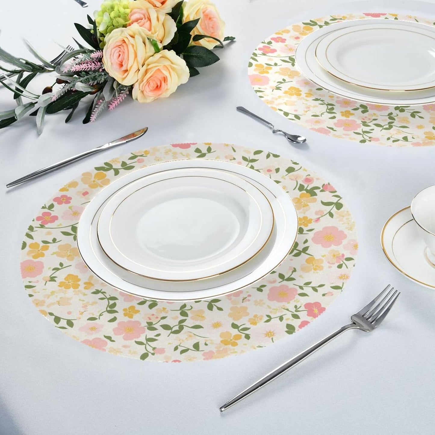 Buttercup and Sweet Potato Pattern White and Peach Round Rustic placemats Kids Reusable placemat Table mat Plate Waterproof Easter Place mats Indoor Set of 6 15.4x15.4in