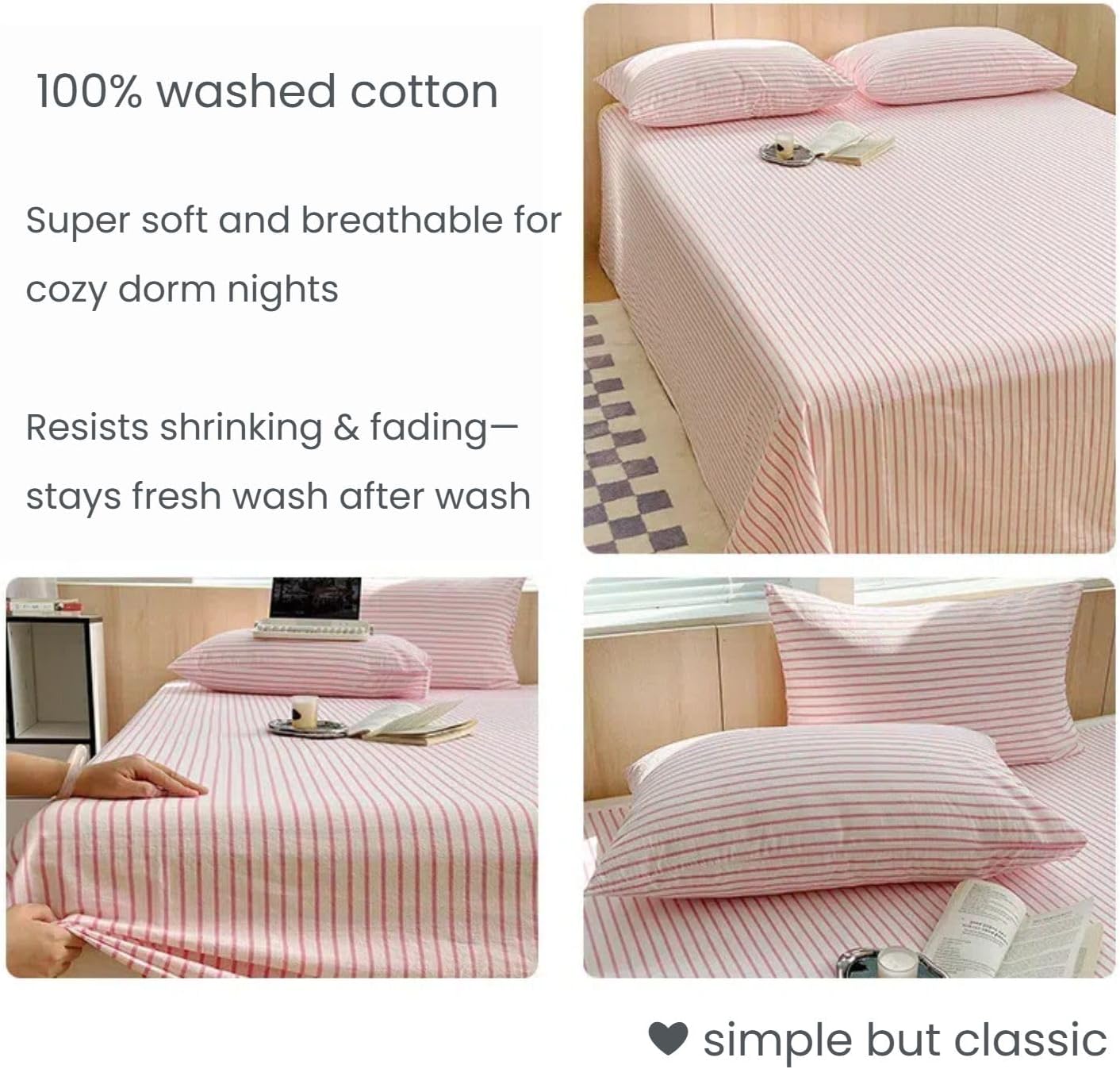 Pink Striped Sheets Queen Size Chic Bedding Set with Flat Sheet and Pillowcases 100% Washed Cotton Soft & Breathable 3-Piece Comfy Bed Sheets