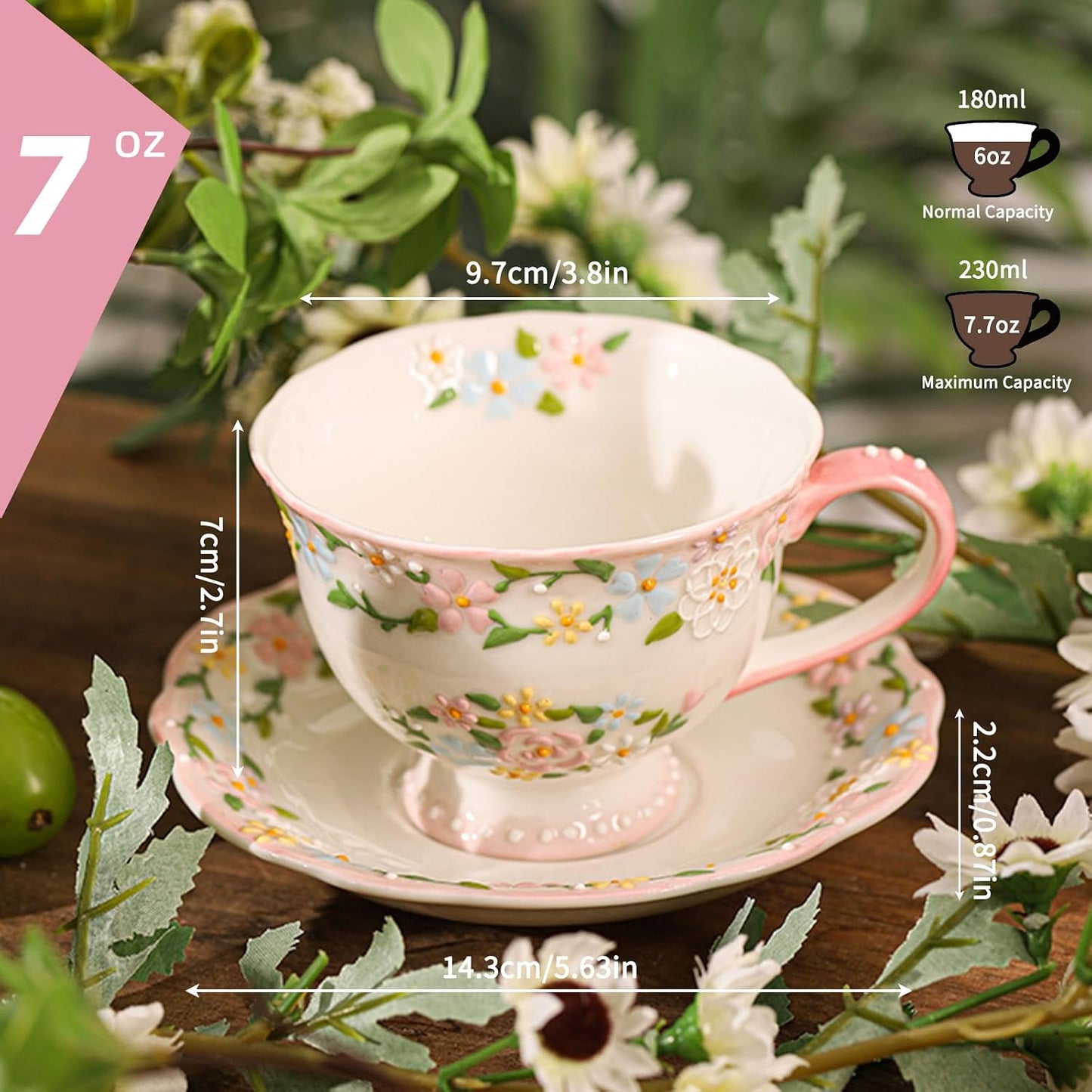 Handmade Ceramic Cup and Saucer Set, 7 Oz Flower Bone China Cappuccino & Tea & Latte Coffee Cup For Women Tea Party & Christmas & Mother's Day(1 Set, Pink)