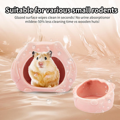 Bear-Shaped Hamster Hideout & Food Bowl Set - Ceramic Habitat for Syrian Dwarf Hamsters, Mice, Gerbils - All-Season Use, Chew-Proof Ceramic House and Feeding Dish for Small Pets(Pink)