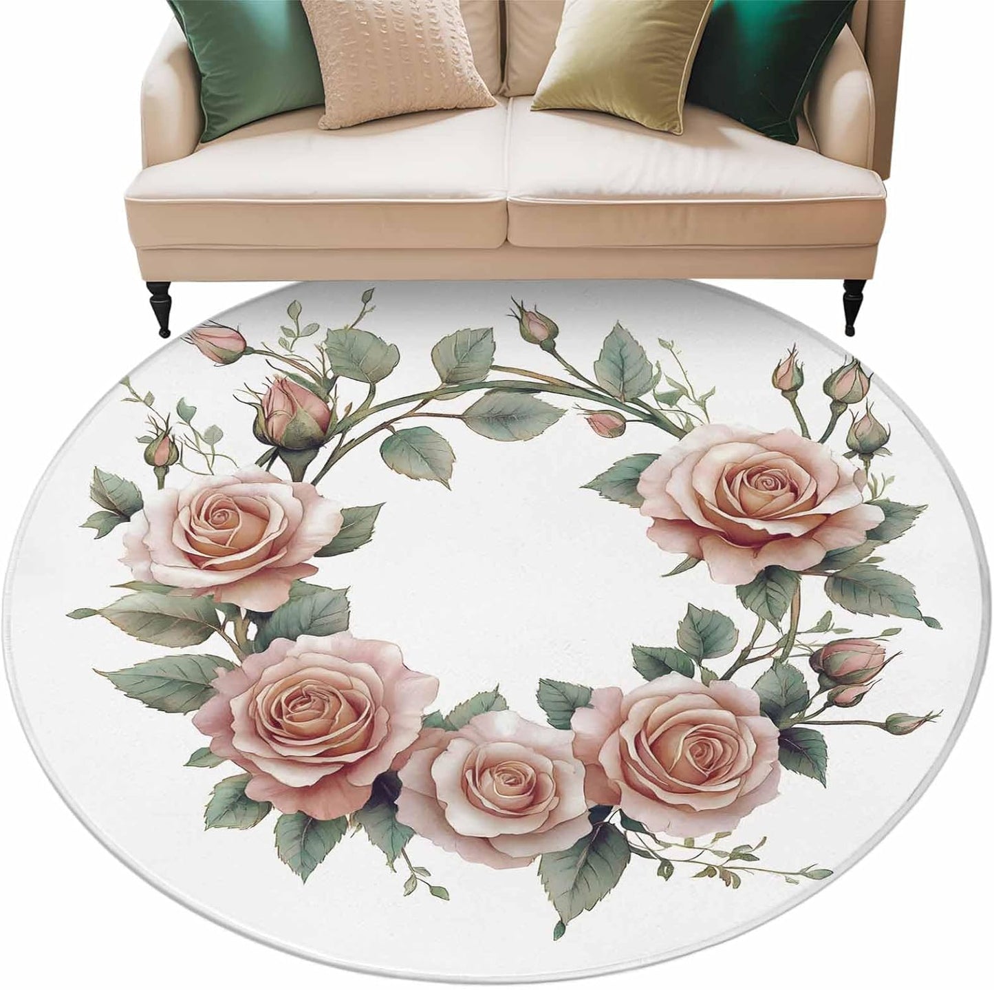 Retro Flower Large Round Rug 8 FT, Non Slip Living Room Area Carpet, Pastoral Pastel Pink Rose Floral Leaf Washable Soft Circle Rug Non-Shedding Floor Carpet for Bedroom Office Dining Room