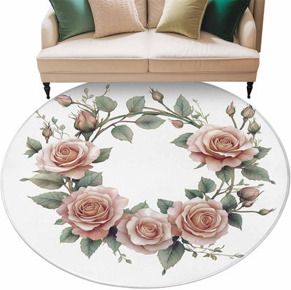 Retro Flower Large Round Rug 8 FT, Non Slip Living Room Area Carpet, Pastoral Pastel Pink Rose Floral Leaf Washable Soft Circle Rug Non-Shedding Floor Carpet for Bedroom Office Dining Room