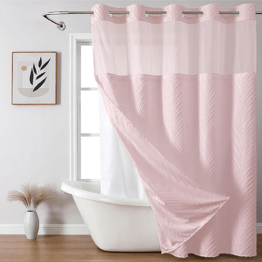 eachope no Hook Shower Curtain and Liner Set，Boho Style with See Through Top Window, Pink Fabric Tufted Striped Textured Outer Curtain & Waterproof Inner Liner, Pink, 71Wx74H