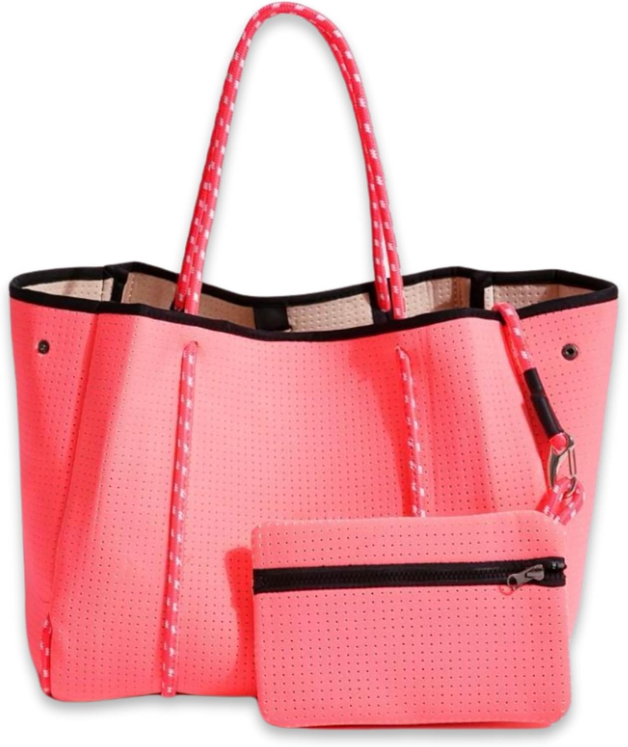 POPUPS Large Neoprene Tote Bag for Women - Everyday Designer Handbag for Travel Work and Beach with Pockets and Zipper Pouch