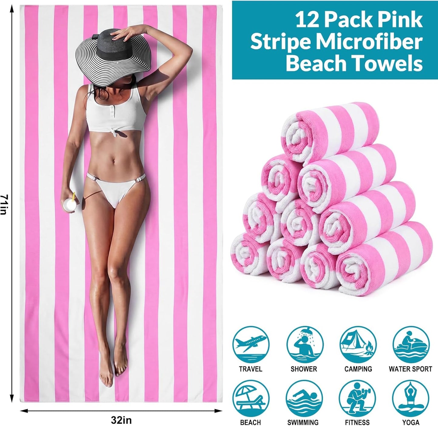 Frienda 12 Pack Pink Striped Beach Towels 71''x 32'' Large Microfiber Quick Dry Absorbent Bath Towels for Swimming Pool Beach Cruise Travel Gym Supplies