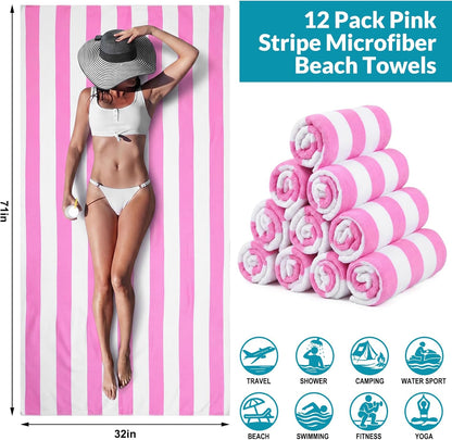 Frienda 12 Pack Pink Striped Beach Towels 71''x 32'' Large Microfiber Quick Dry Absorbent Bath Towels for Swimming Pool Beach Cruise Travel Gym Supplies